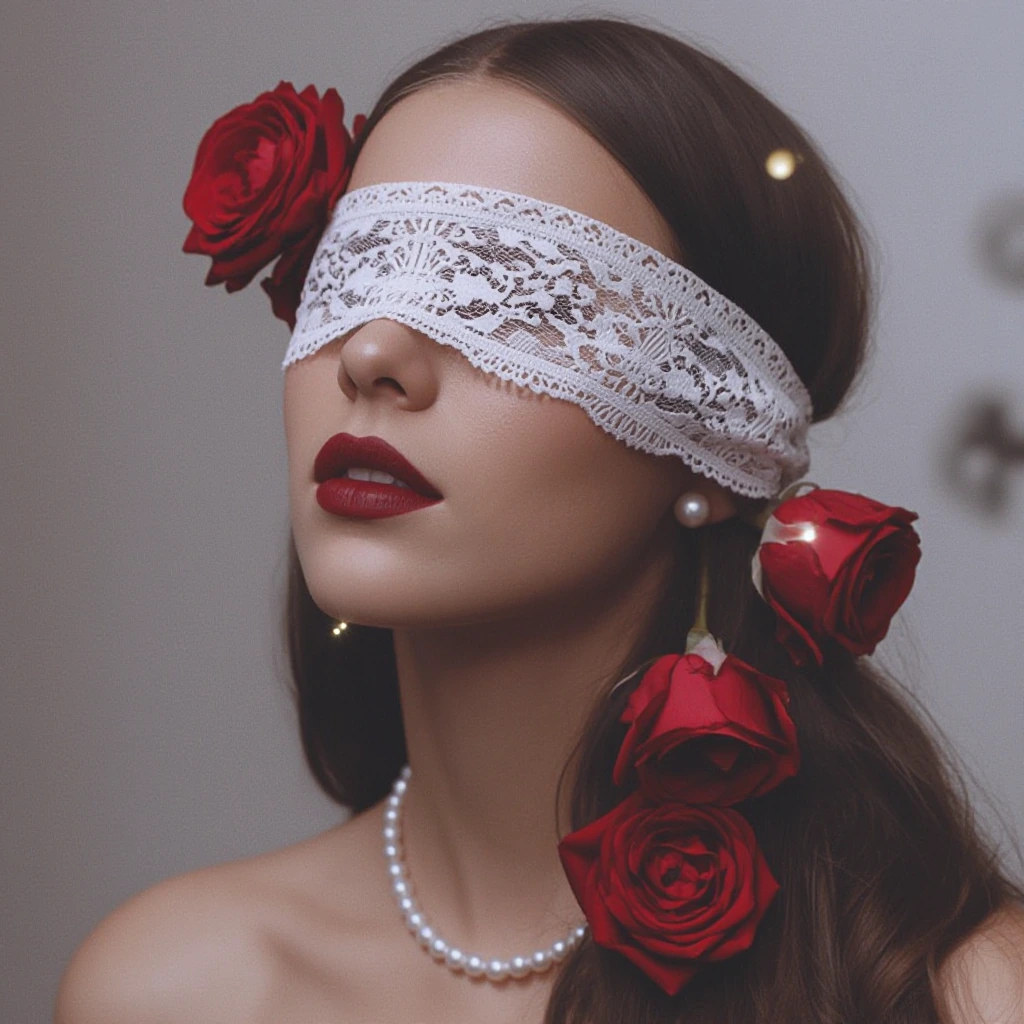 photograph of a woman with light brown skin and dark red lipstick, wearing a white lace blindfold adorned with red roses, her dark brown hair is partially visible, tied back, she has a pearl necklace and small pearl earrings, the background is a soft