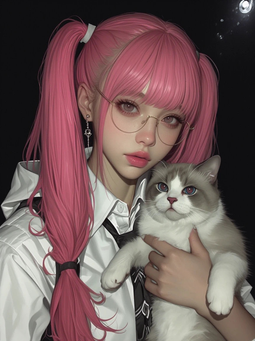 Pink girl with pigtails, with a cat, nighttime