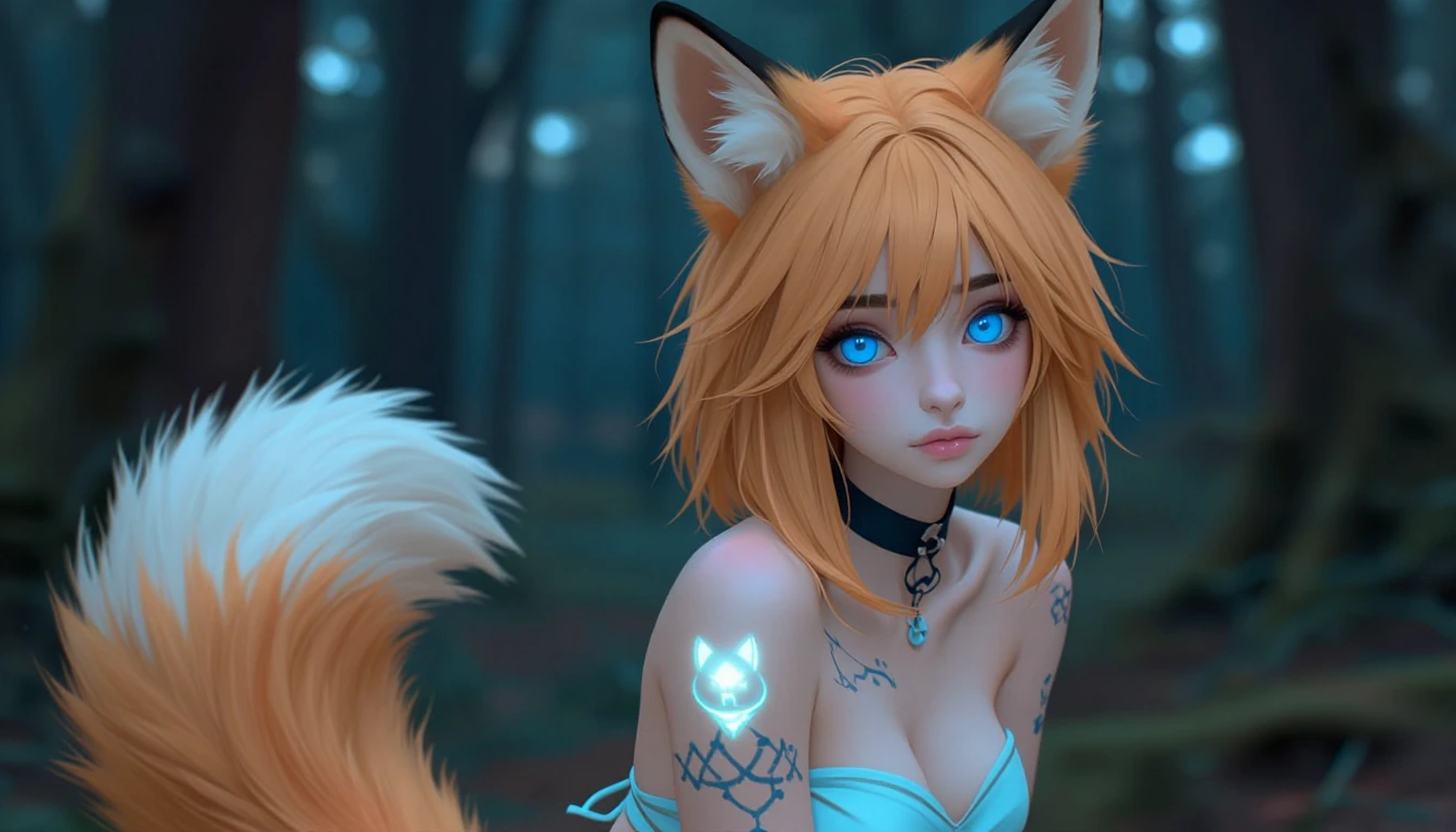 Beautiful woman, bright blue eyes, fox ears, and fox tail,realistic manga style photograph mixture, bright glowing tattoos, airbrushed, mystical forest, Jean cut off and cropped top.