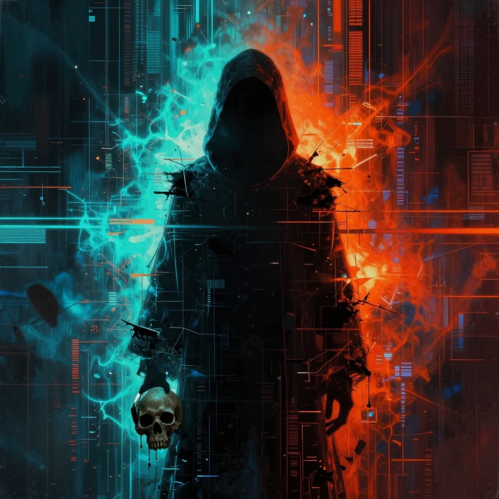 An artistic, digital cyberpunk portrait of a faceless, hooded figure standing in complete silhouette from the back, against a complex background of fr