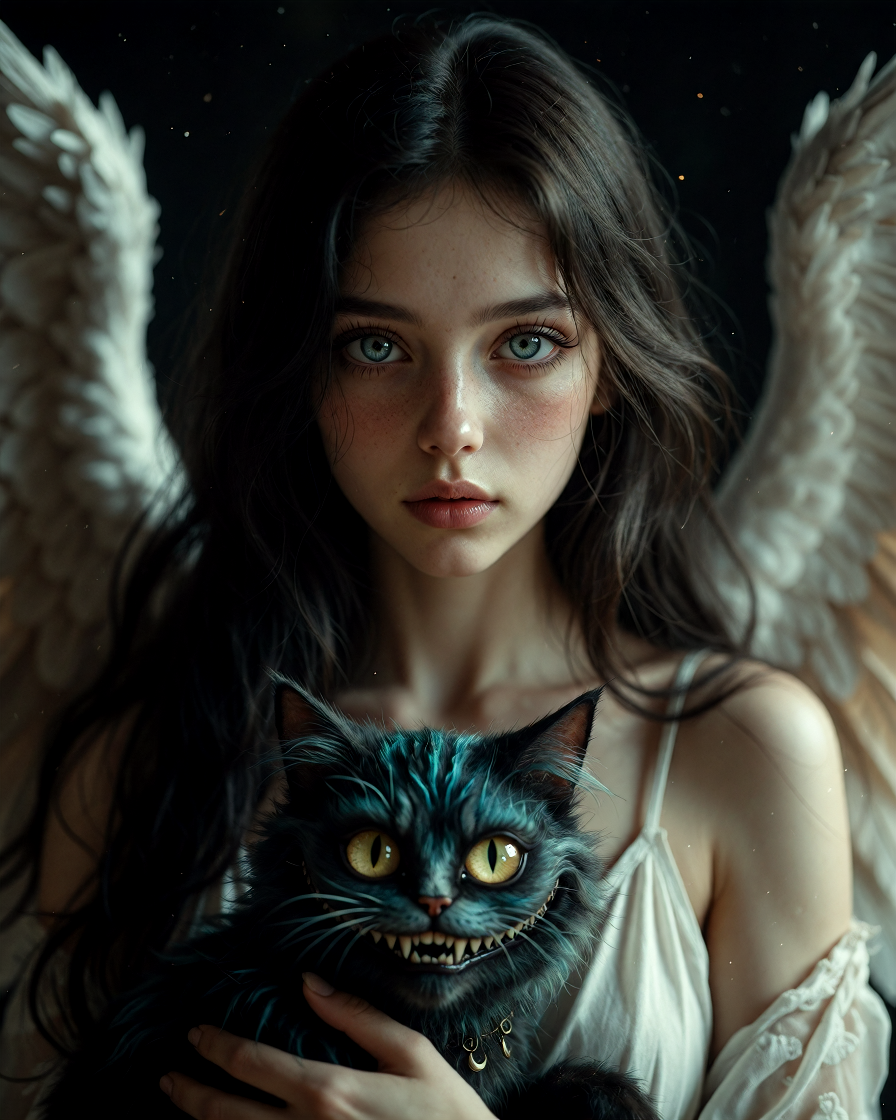 A hyper-realistic, digital painting of a young woman with pale skin and long, dark wavy hair parted in the middle. She has large, expressive blue eyes