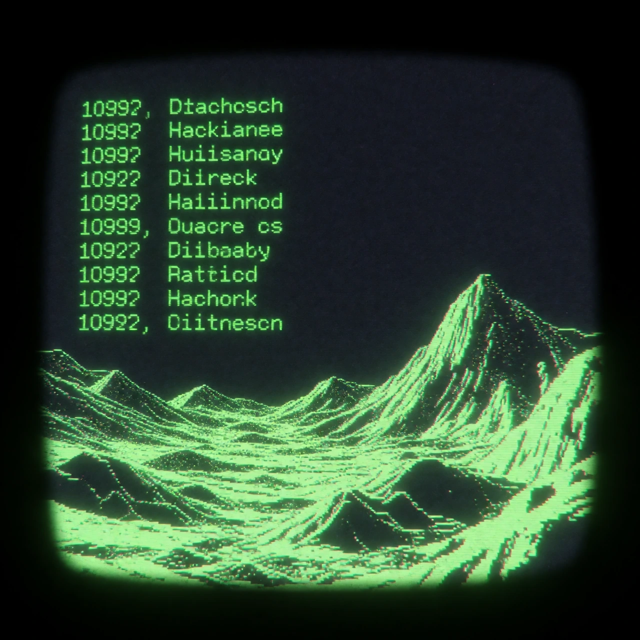 1990s hacker interface, heavily pixelated low resolution graphics, blocky green text, scorched earth aesthetic, warped digital landscape, melting CRT monitor, severe digital artifacting, dithering, lo-fi digital decay, neon green and charcoal black, 