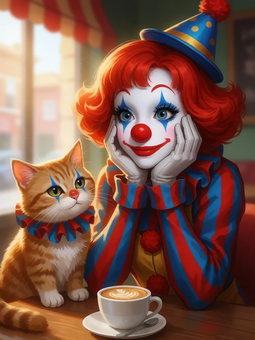 Beautiful clown getting noticed at the café with her cat clown