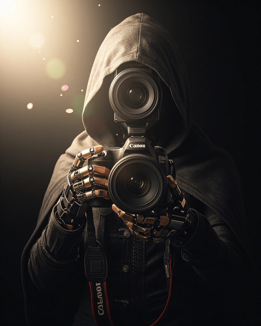 A mysterious futuristic figure in a dark hooded cloak, face replaced by a realistic camera lens (lens as the “eye/face”), robotic metallic hands holding two Canon DSLR cameras prominently in the foreground, multiple Canon-branded red-and-white camera