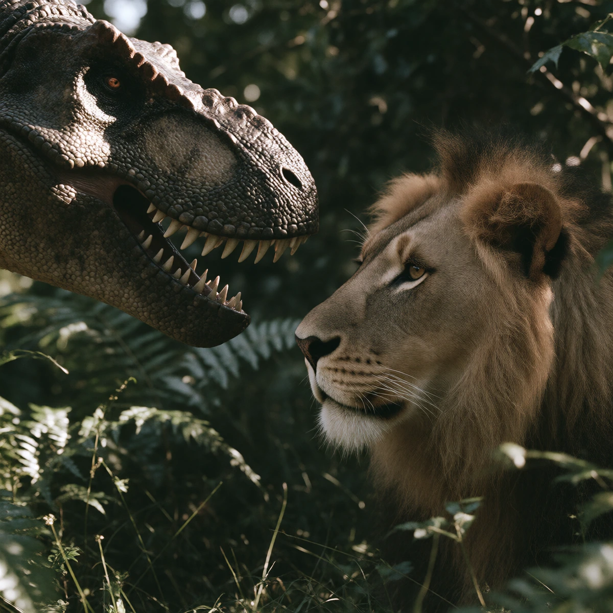 Title: Kings of the Jungle (Written in jagged text that resembles sharp teeth edged in crimson) Surreal image blending two eras of time; A Mighty & Powerful Battle-Scarred T-REX having just brought down a lesser dinosaur stares across time and space 