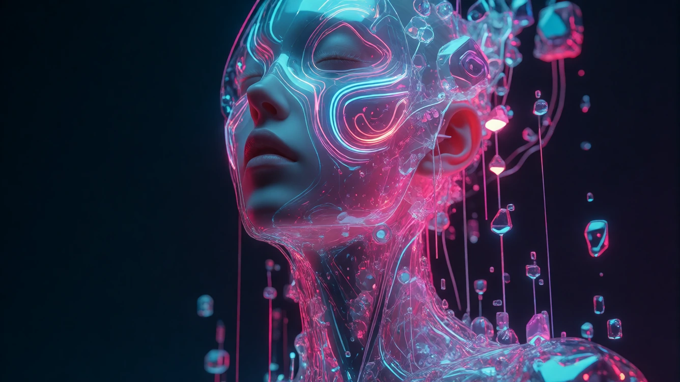 A surreal cyberpunk entity morphing out of liquid neon and holographic data streams. A biomechanical face made of iridescent glass and light trails, dissolving into floating geometries and glowing fiber optic threads. Dark, moody techno-organic backg