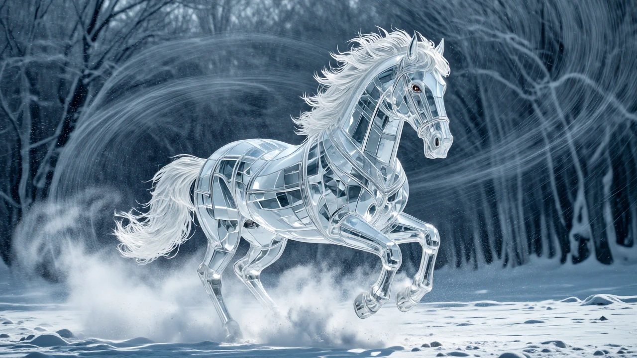 A Crystal Stallion walking through a swirling snow storm, powder kicking up from it's hooves