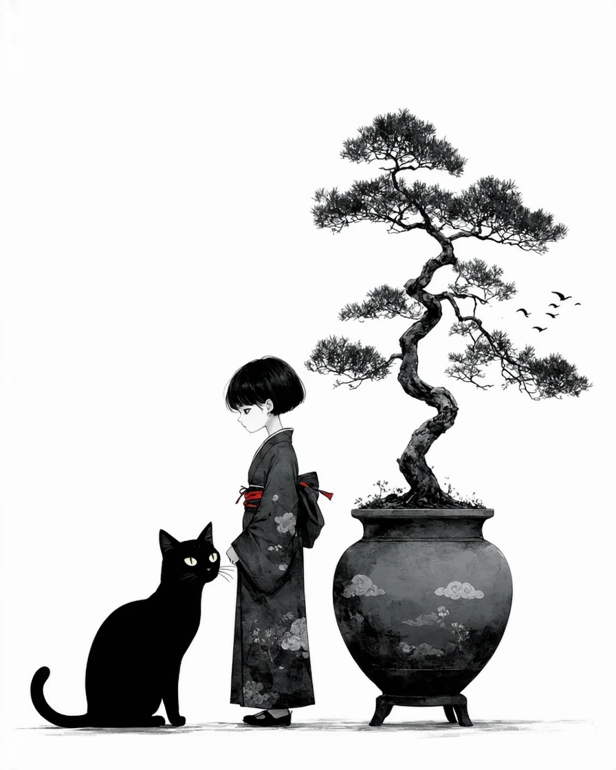 A black and white digital illustration in a whimsical, storybook style featuring a large, sleek black cat sitting upright on the right side, looking forward with wide, pale eyes and long whiskers. To the left of the cat sits a young person with a str
