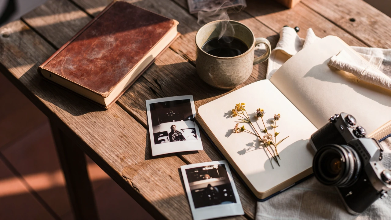 Overhead flat lay of a weathered oak table in golden-hour sunlight: worn leather-bound book, steaming ceramic mug, curled polaroids, pressed wildflowers in an open journal, vintage film camera with brass fittings, scattered on cream linen. Long shado