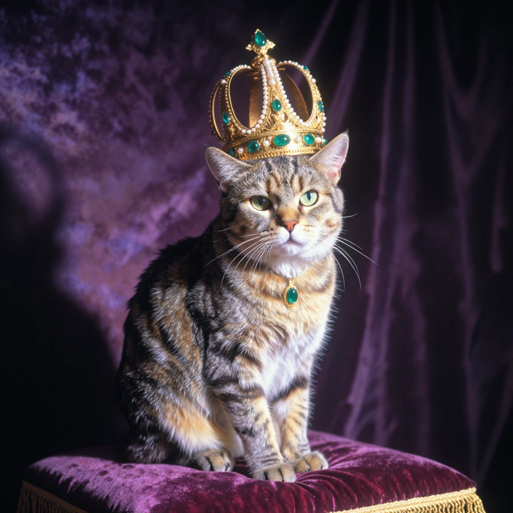 a regal tabby cat sitting upright on a velvet cushion, wearing an ornate gold crown studded with emeralds and pearls, dramatic side-lighting casting s