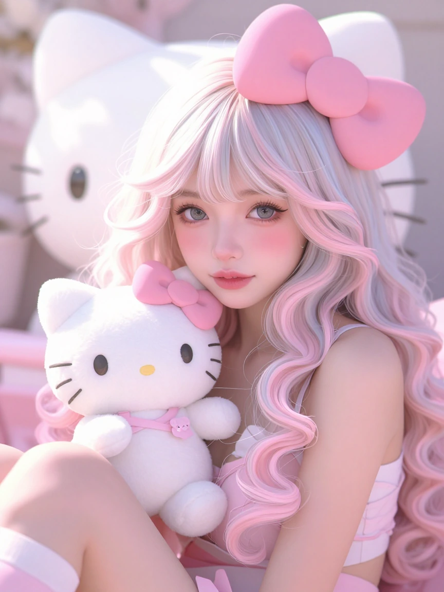 Beautiful woman pastel hair with her cat cosplay as hello Kitty, cute decor