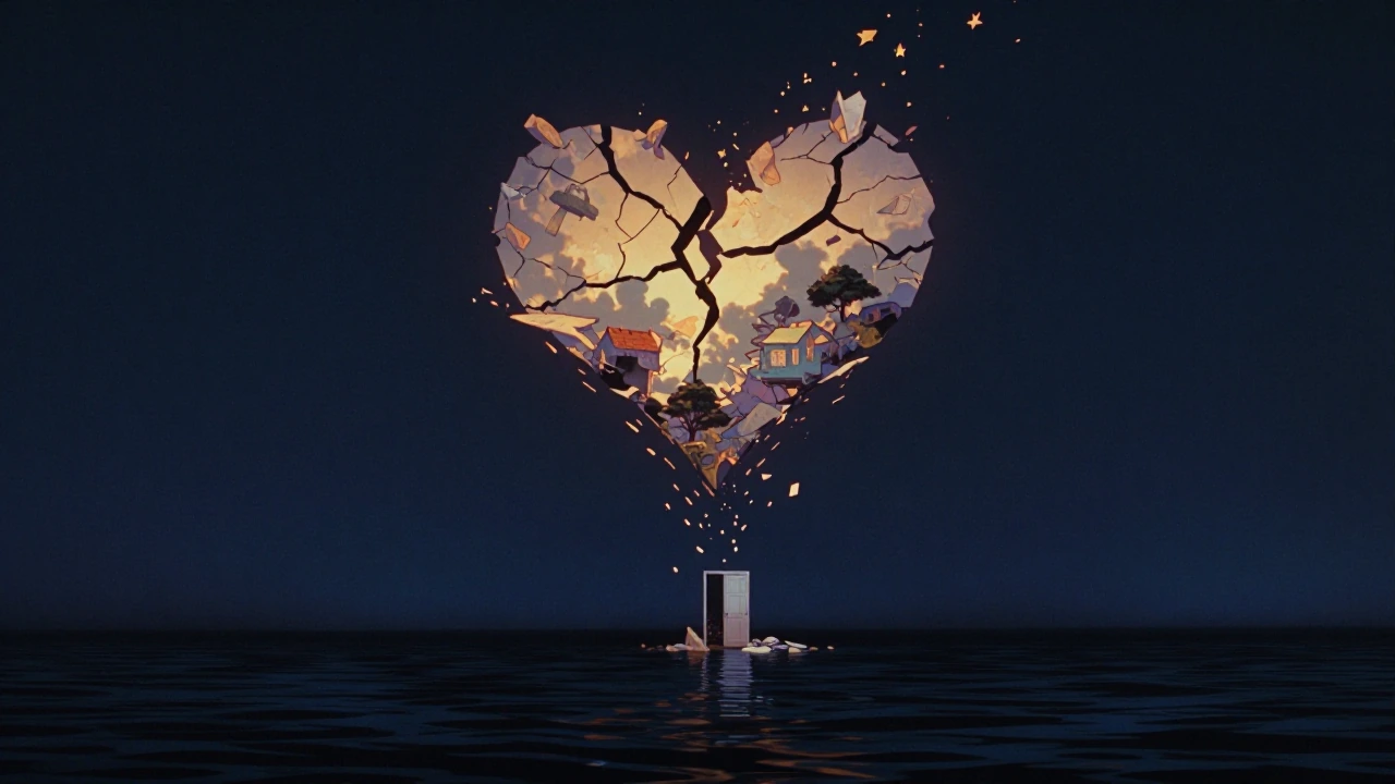 A heartfelt symbolic apocalypse, deeply emotional and artful: the world ending as a quiet ocean of black water beneath a vast cracked sky shaped like a broken heart, warm golden light leaking from the fractures, small fragments of homes, trees, lette