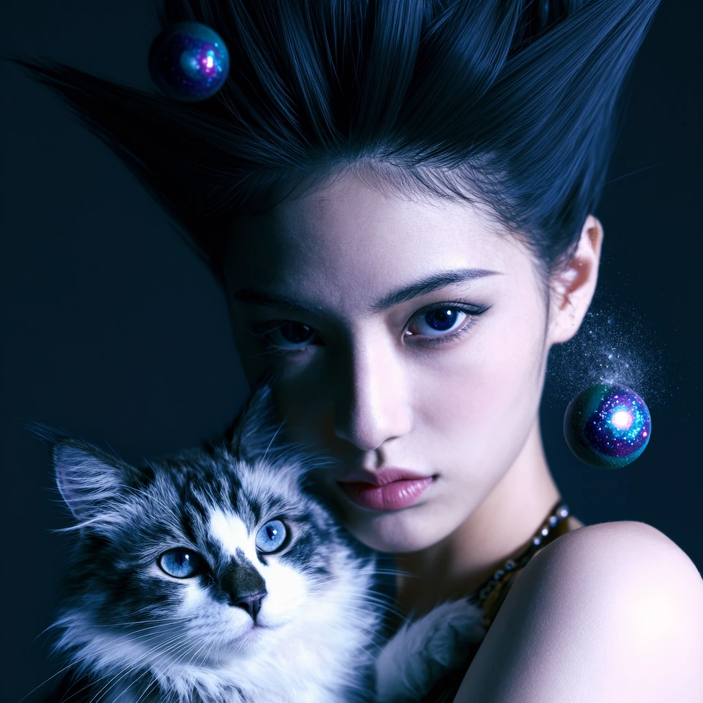 Close-up portrait of a woman with wild, asymmetrical hair sculpted into sharp geometric shapes and floating spheres, her eyes reflecting distant galaxies, delicate wisps of cosmic dust surrounding her face, cradling a wide-eyed kitten with fur that m