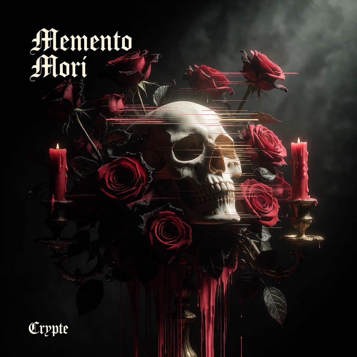 A high-definition, detailed studio photograph depicting a magnificent white skull nestled at the heart of a lush, dense bouquet of velvety, deep-red roses. The roses combine perfect blooms with petals that are deliberately damaged, scorched and withe