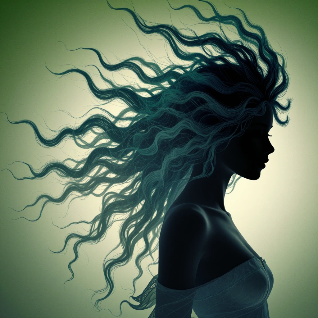 The silhouette of a woman immersed in water, her long, wavy hair seemingly made of mist or translucent smoke, a hazy blue-green. Her tousled, upright hair creates an effect that is both dramatic and ethereal. Long, flowing hair, evoking a mist or tra