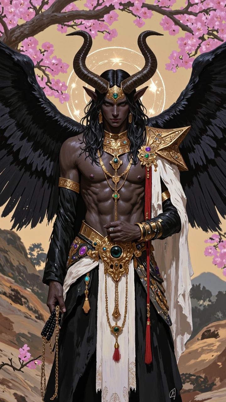 Dark fantasy character portrait of an ethereal horned humanoid warrior, slender muscular physique, deep obsidian skin with subtle luminous highlights, large curved ram-like horns adorned with ornate gold jewelry, chains and dangling ornaments, long f