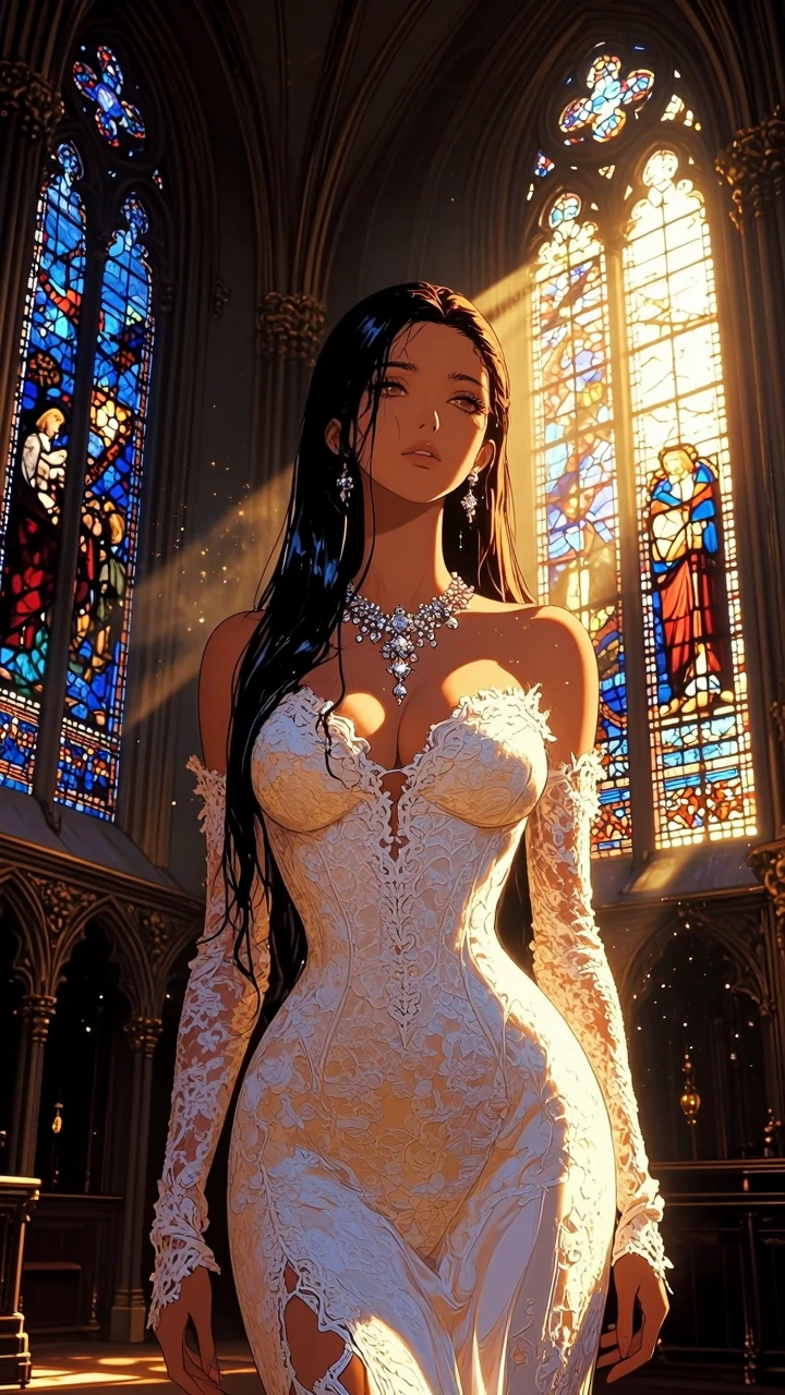 Elegant woman with long dark hair in a slightly wet, glossy texture cascading over her shoulders, wearing a form-fitting lace white gown with intricate floral patterns and a low neckline, adorned with an ornate sparkling statement necklace, standing 