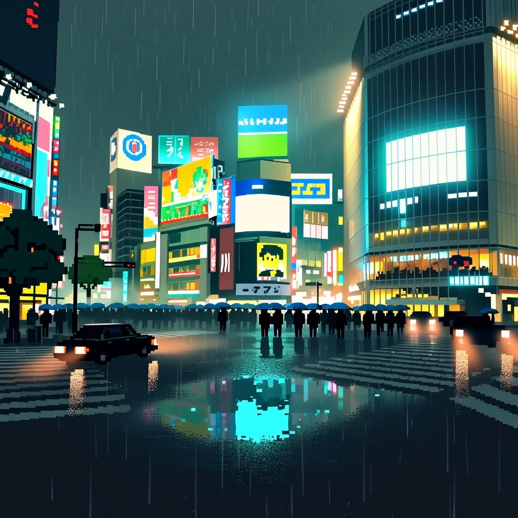 masterpiece, best quality, pixel art, (photorealistic lighting:1.4), 2.5d, HD2d, octopath traveler, (shibuya crossing at night:1.4), rain, heavy rain,