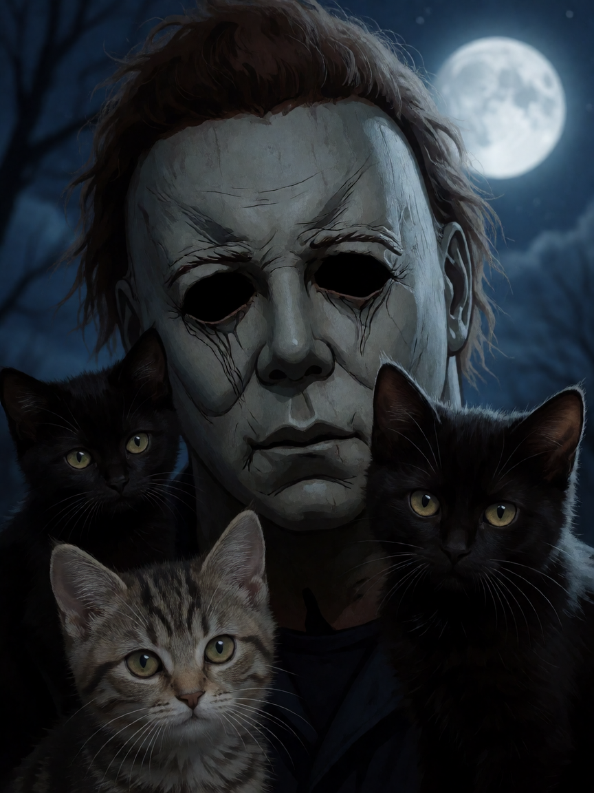 horrorcore, Michael Myers closeup with kittens , moonlight