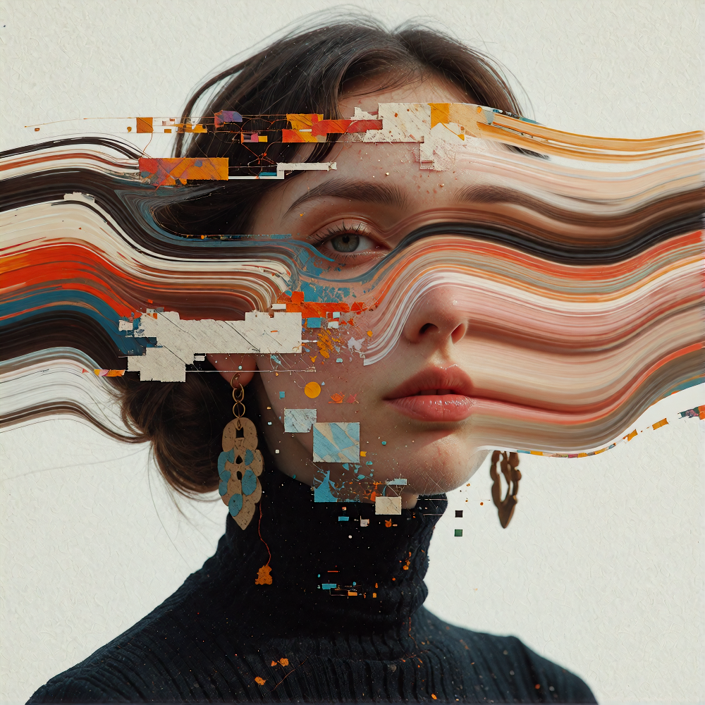 A surreal mixed-media portrait of [PERSON], set against a clean, plain white background with visible fine-grain paper texture. The character's face is the subject of a controlled, stylized distortion. Instead of chaotic fragmentation, the facial feat