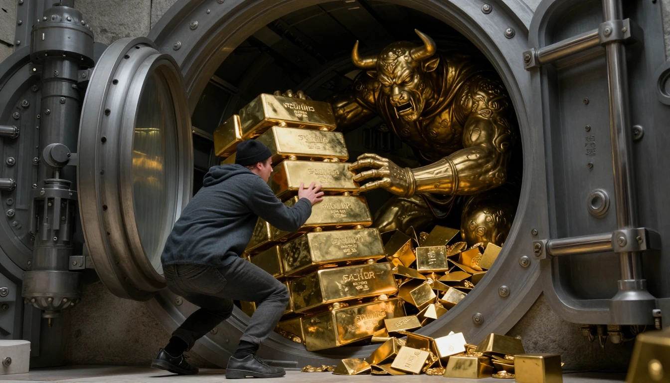 A horrified thief opens a mighty treasure vault only to realize the evil giant has smelted his wealth into bullion bars each weighing several tonnes and as suck impossible to move!