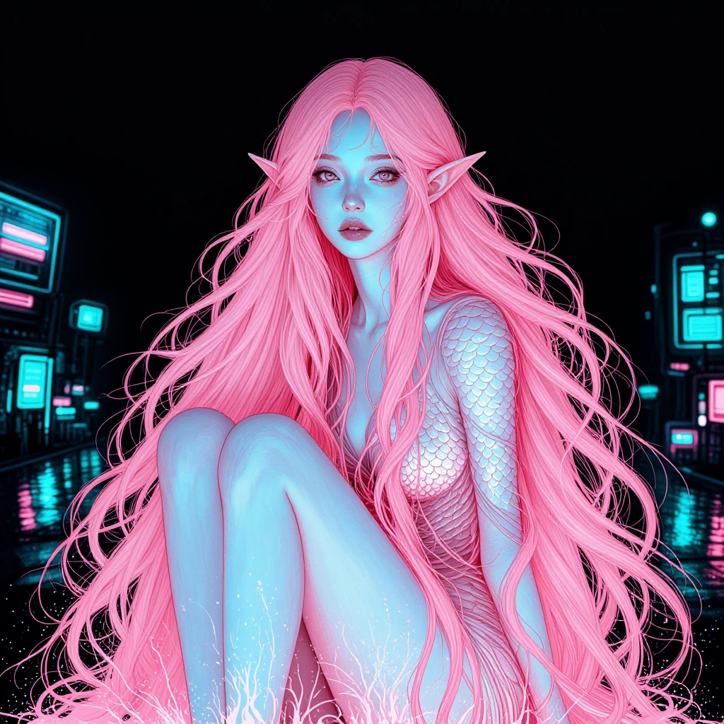 A pale, ethereal elf-like woman with long, flowing pink hair and pointed ears sits in a dimly lit space bathed in neon pink light. Her skin is translucent and textured, her large eyes are wide with an unsettling calm, lips slightly parted. She wears