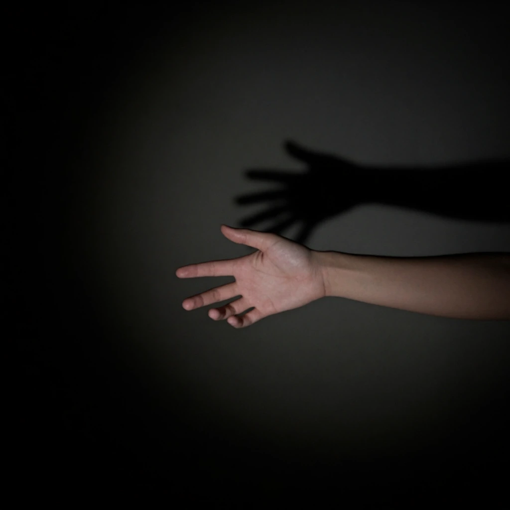 a haunting scene of a hand reaching out to grasp a shadow that is dissolving and slipping away, dark and eerie atmosphere, surreal and unsettling vibes, moody lighting, deep shadows, warping edges, uncanny and wrongness aesthetic