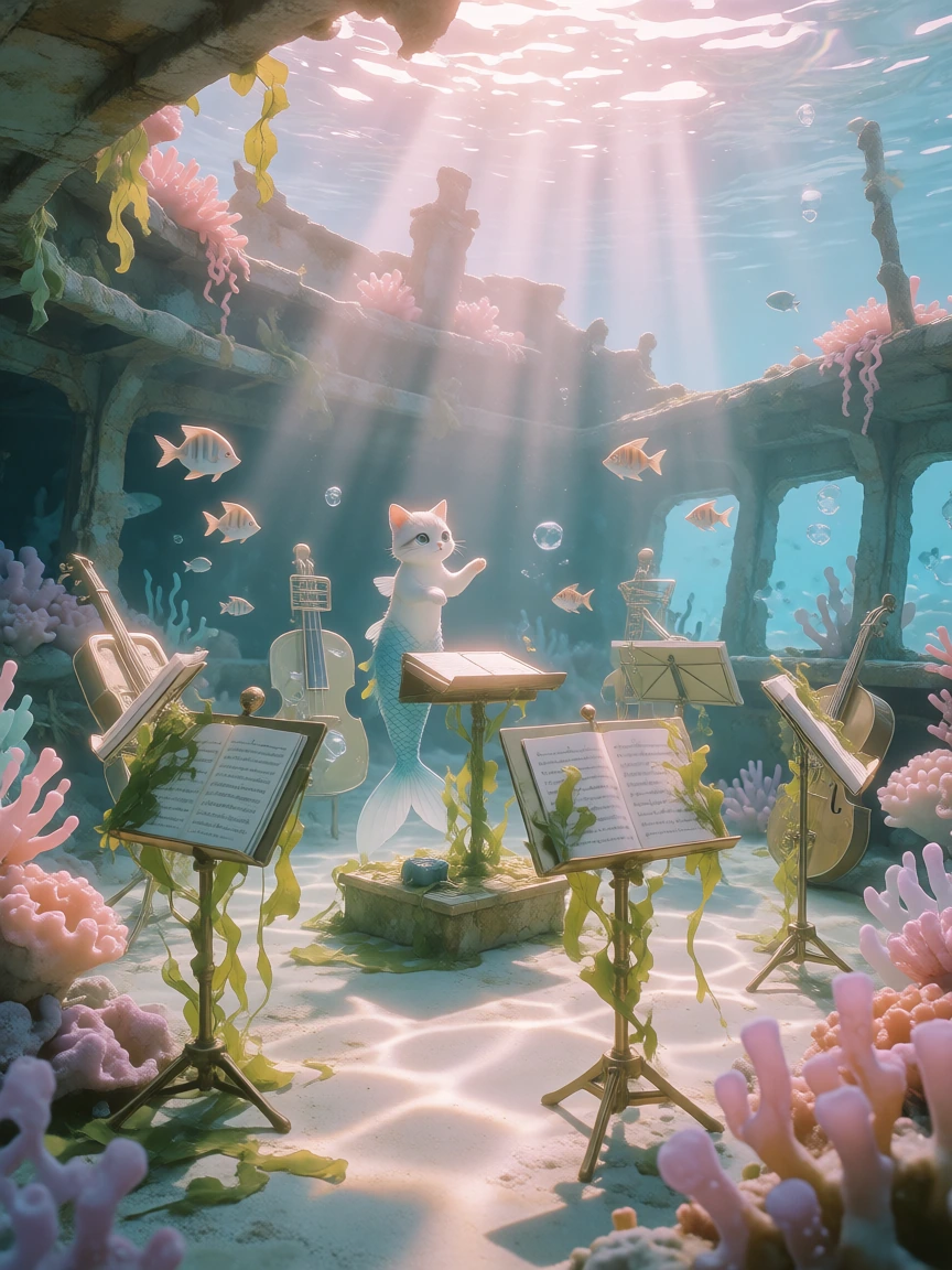 An underwater orchestra set in the ruined hull of a sunken ship, bathed in dappled sunlight from above. Music stands and seaweed-strewn instruments scattered among coral and anemones. A whimsical mer-cat with a mermaid tail stands on the conductor's