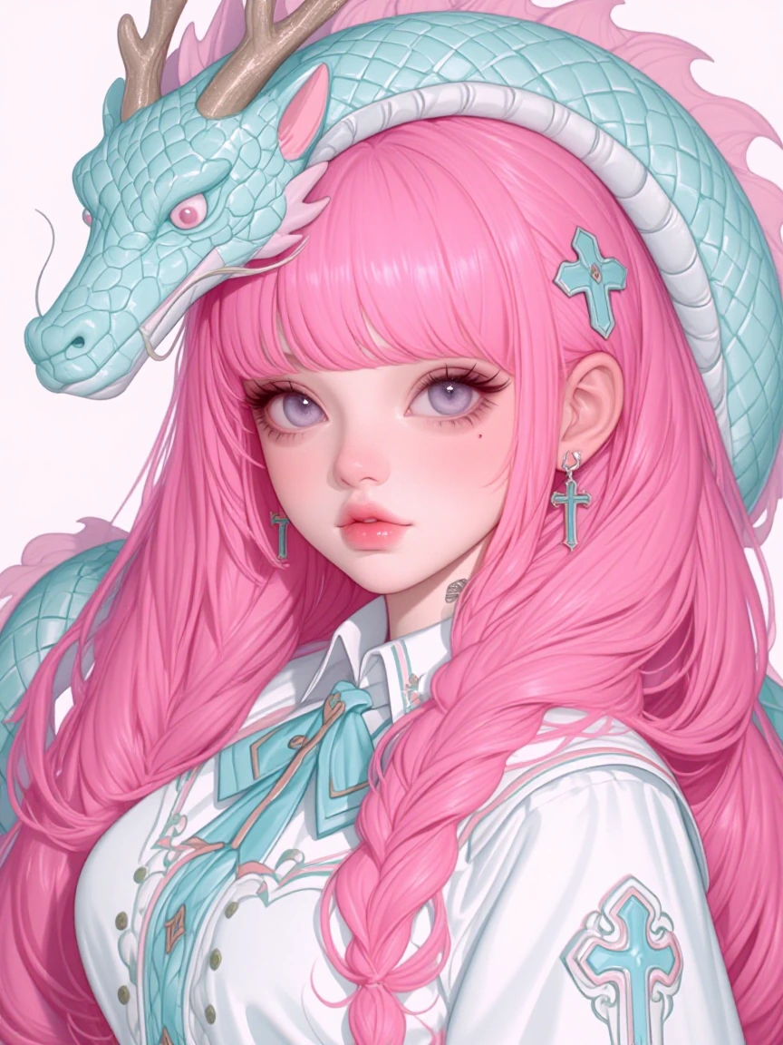 Kawaii girl pink hair with a dragon