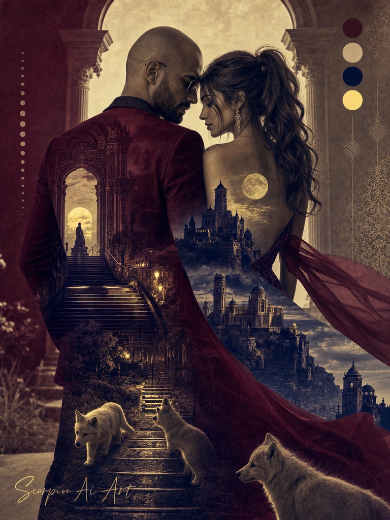 Day 2 – Limited Palette Prompt: Create a cinematic double exposure masterpiece using only burgundy, beige, indigo, and subtle lemon-yellow highlights. A romantic couple, a bald man with trimmed beard and sunglasses with a bombshell brown haired woman