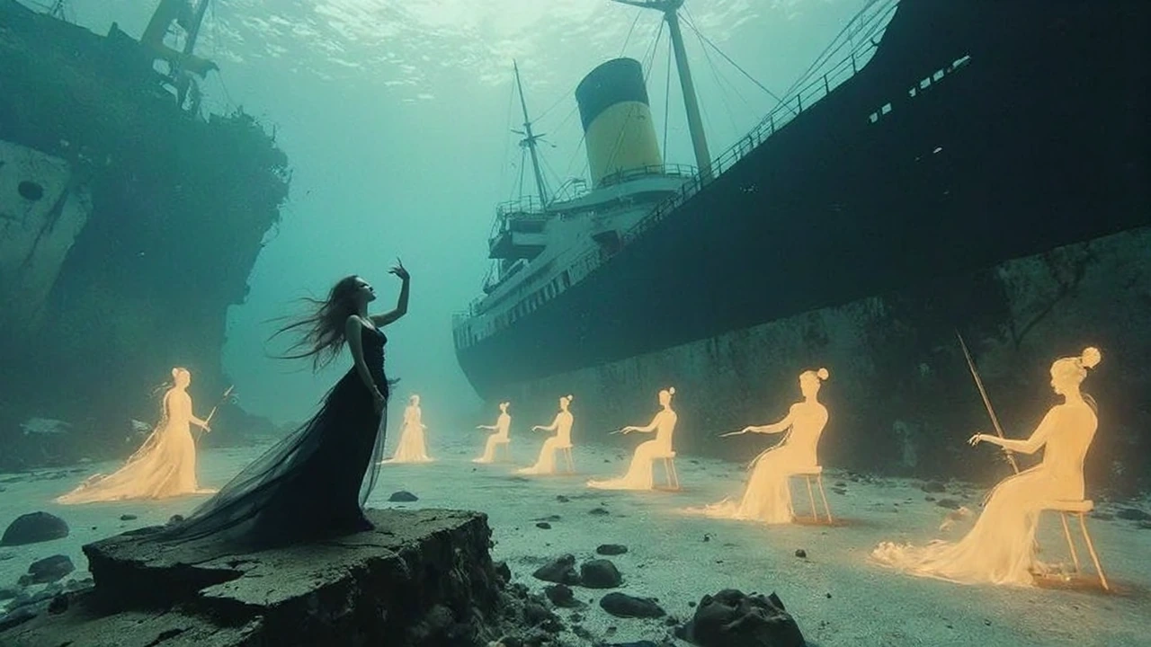Cinematic framed keyframe in a brand new avant-garde fusion of hyper-realistic underwater photography and large-scale abstract color field painting, with strong surreal dream logic and imperfect dream-like physics. The style heavily emphasizes emotio