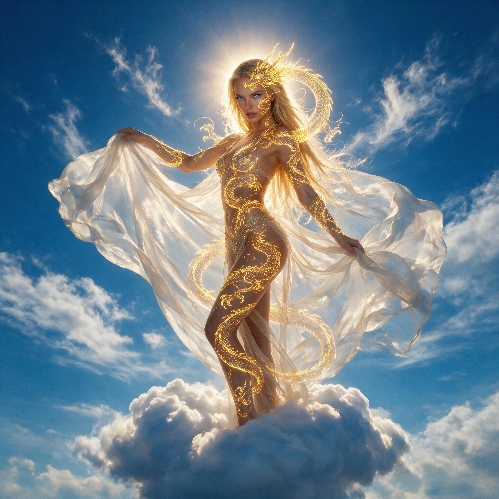 Standing gracefully posed seductively on an Angelic cloud is a stunningly beautiful Supermodel with ultra-long blonde hair with elaborate high detailed neon-golden dragon body art on her face, shoulders and entire body. She makes eye contact gazes in