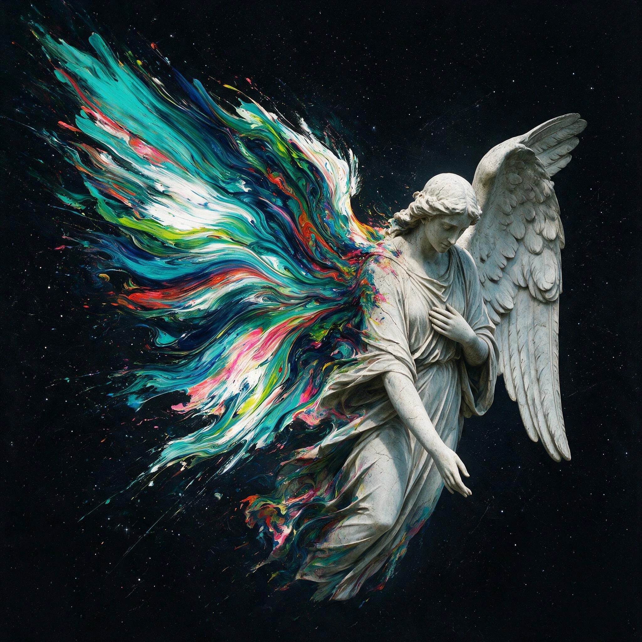 A mournful celestial angel statue drifting through a black star-speckled void, the figure rendered in pale weathered stone with a bowed head, soft classical facial features, carved robe folds, and one hand held near the chest while the other extends 