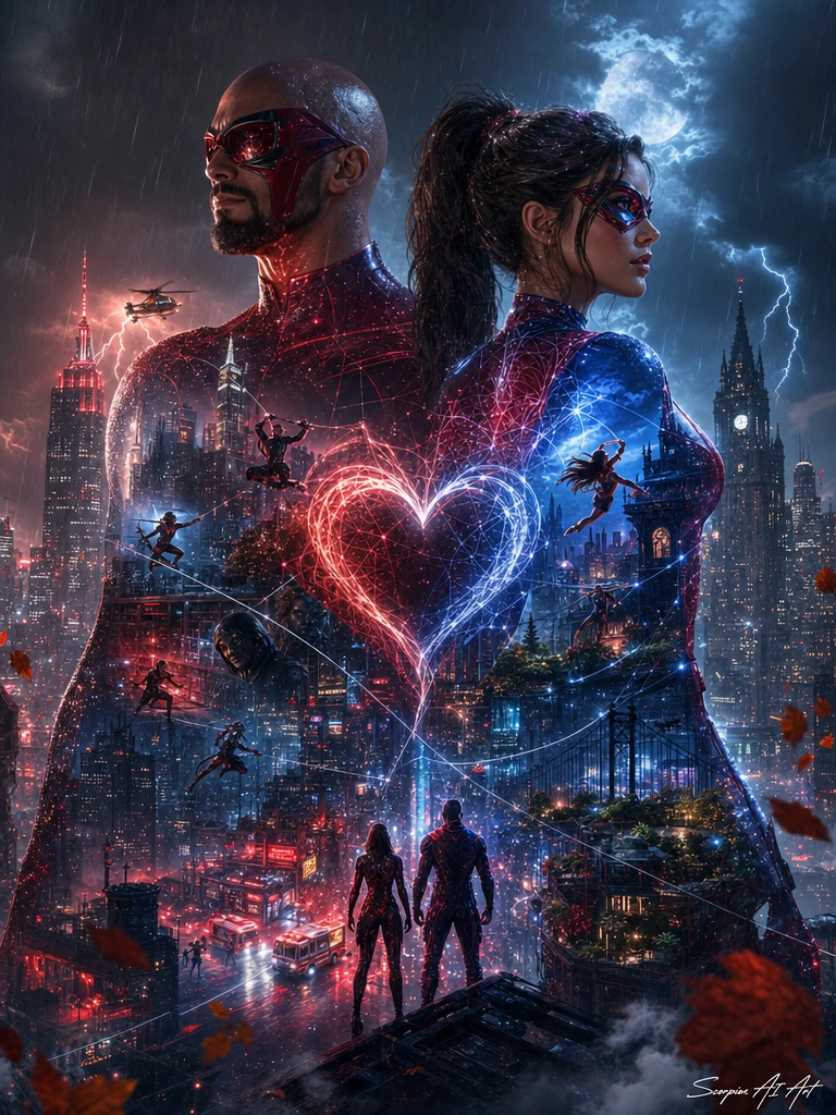 Web of Destiny Create a hyper-realistic cinematic double exposure masterpiece featuring an original masked superhero couple. A fearless bald man with a neatly trimmed beard visible beneath a sleek crimson-and-midnight mask and reflective sunglasses s