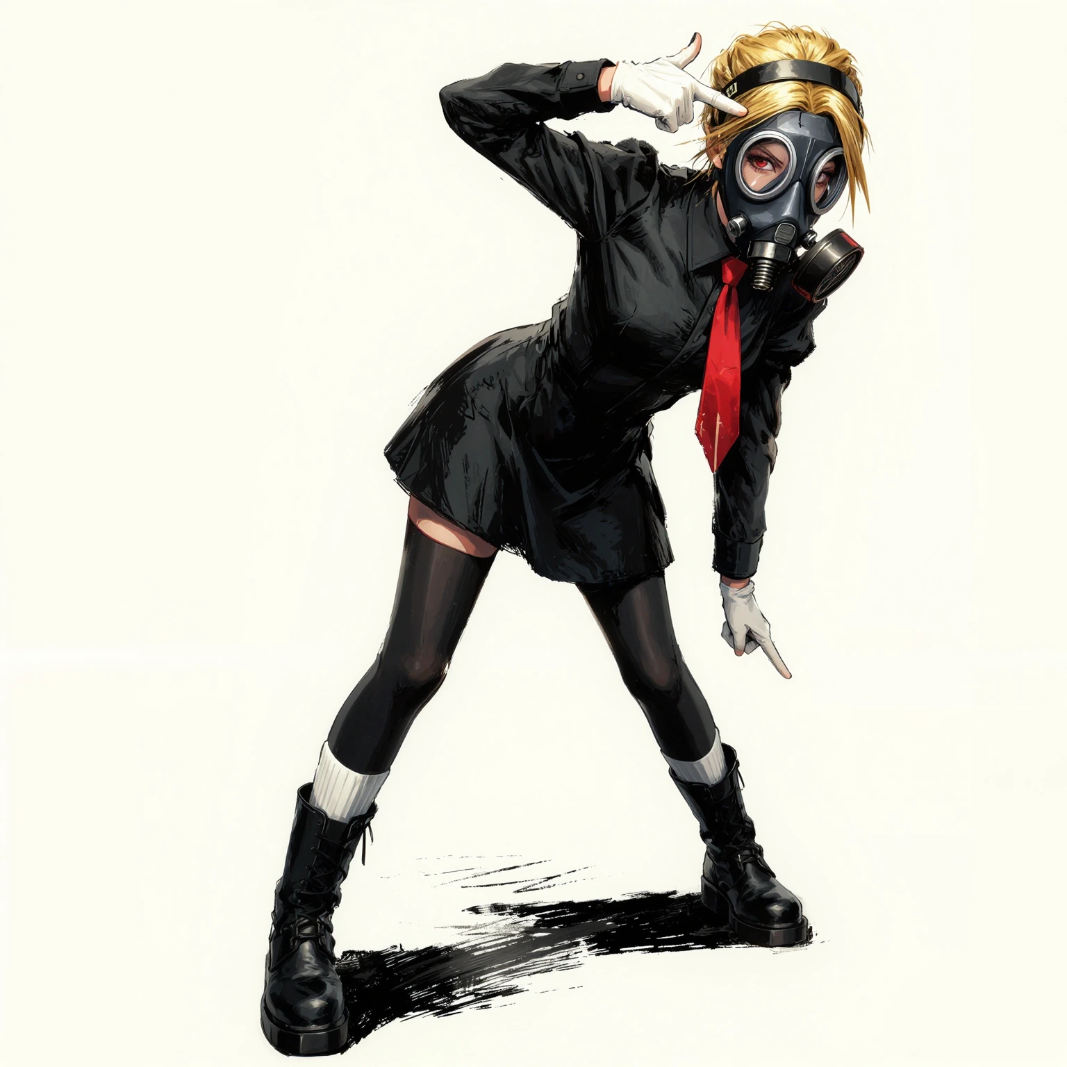 1girl,, VAUGGITS, finger gun to head, boots, black boots, platform footwear, socks, white socks, pantyhose, black pantyhose, dress, long sleeves, puff
