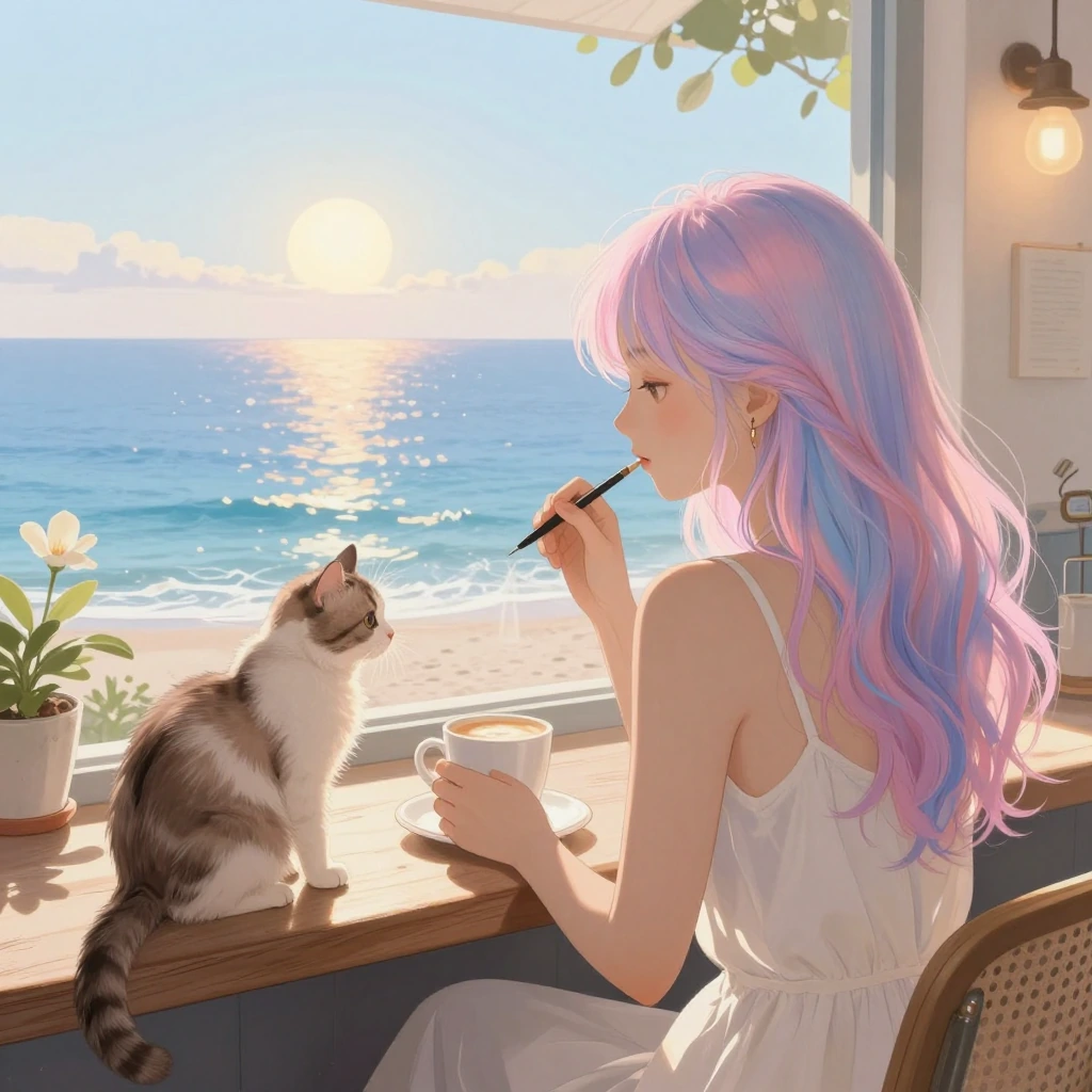 Good morning, woman with her cat had a café, pastel hair, artsy, ocean scene