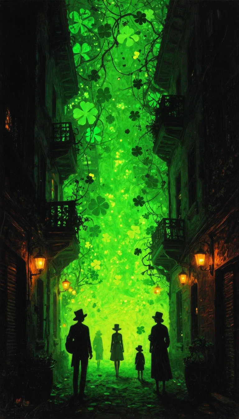 Silhouetted figures stand in awe beneath a narrow alleyway transformed into a luminescent wonderland. Towering buildings frame the scene as an ethereal glow of neon green light floods upward, illuminating countless four-leaf clovers and delicate vine