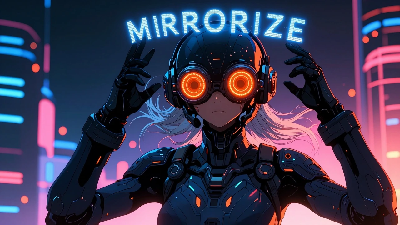 Futuristic cyberpunk character portrait, centered mid-shot, wearing an advanced high-tech helmet with oversized circular orange-lit visors (glowing concentric rings) and large intricate techno headphones on both sides, dark tactical suit in black/dee