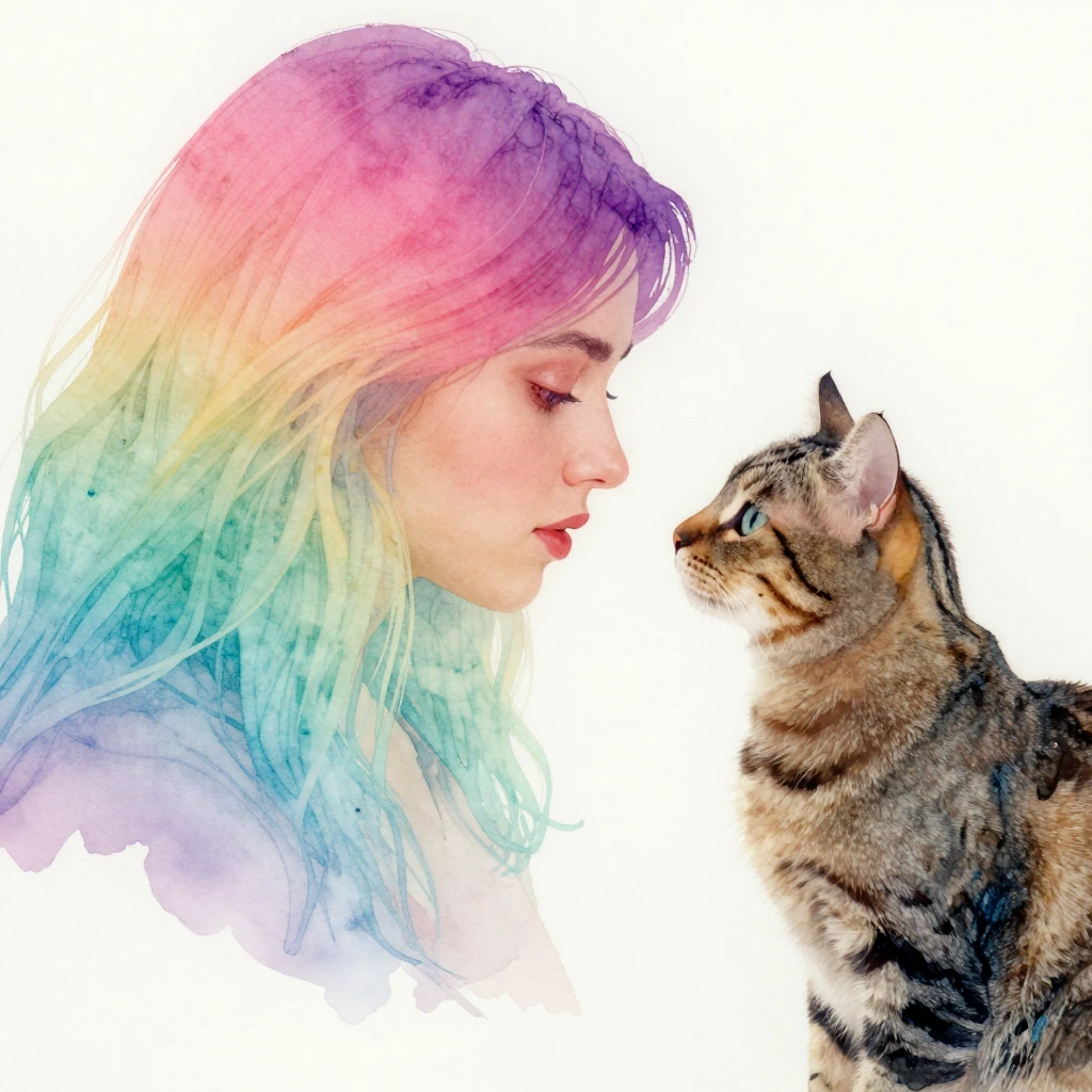 Ethereal portrait of a woman with rainbow gradient hair fading through pink, purple, and teal, painted in dreamy watercolor technique with soft washes and translucent layers, gazing at a tabby cat