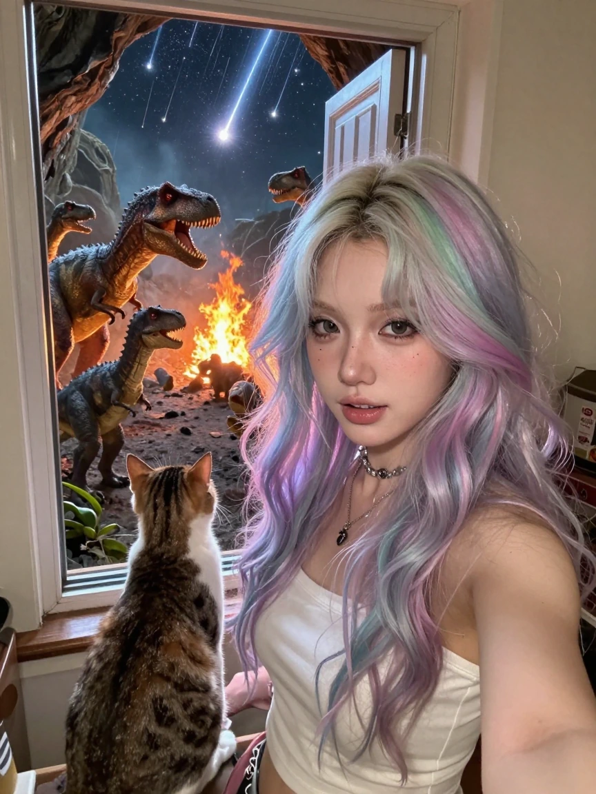 Crazy girlfriend pastel hair, taking a selfie with her cat and with a bunch of dinosaurs that are in a cave with her. They are looking out the door as they see meteors crashing to the ground. We see fire everywhere outside. She’s getting ready to clo