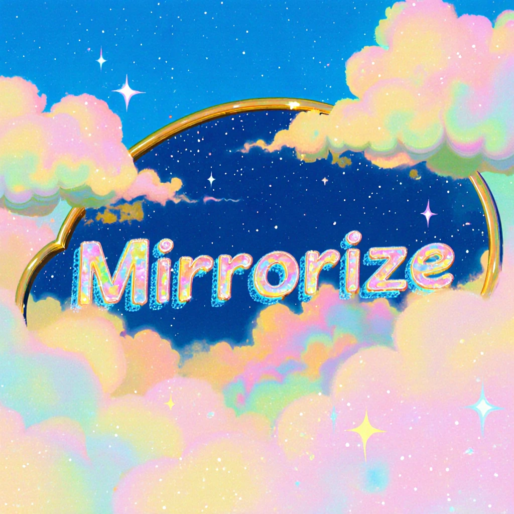 A pastel dream land, where the word "mirrorize" is written by pastel clouds