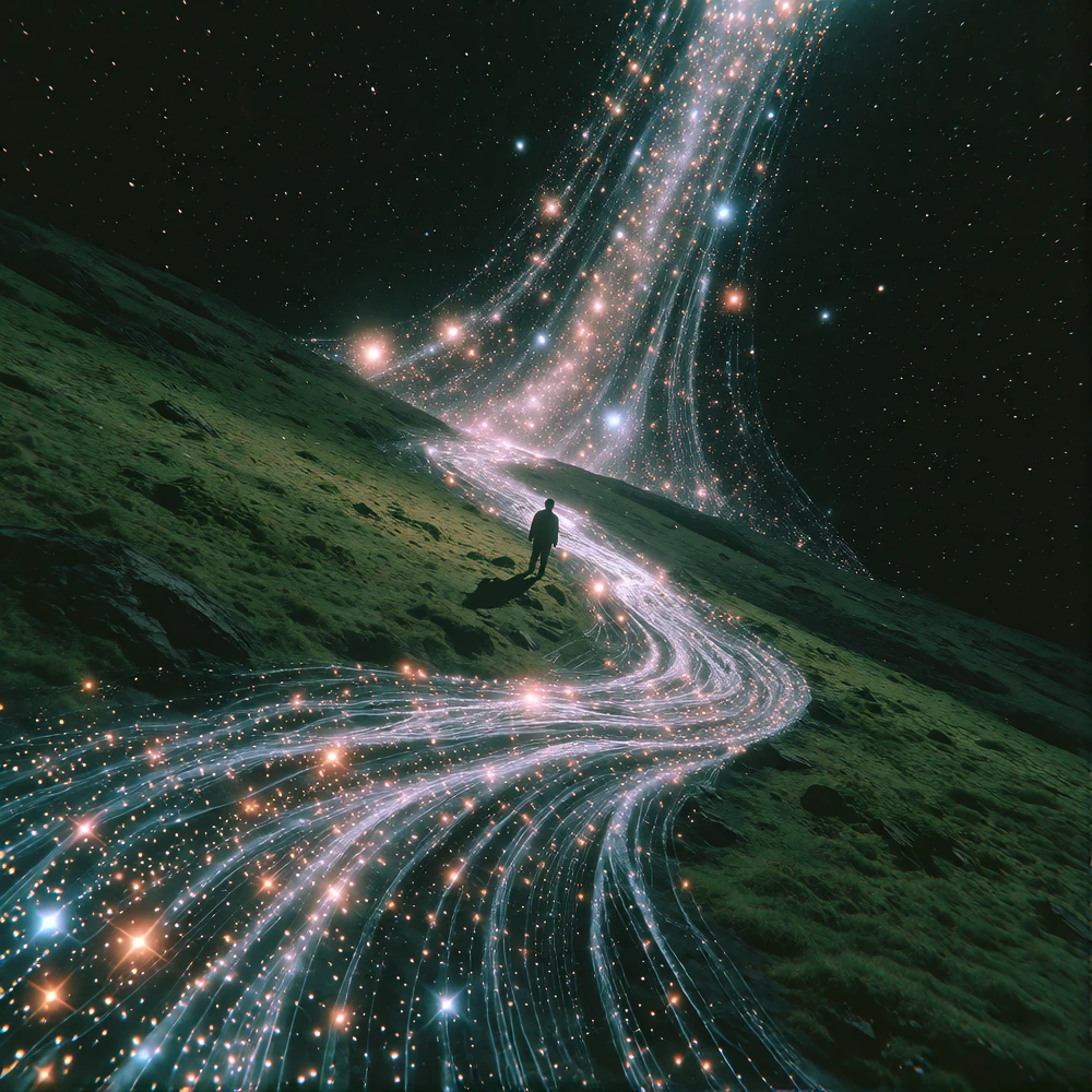 Create an image of a lone figure, silhouetted against a vast, flowing river of stardust, cascading down a green, grassy slope. The river of stardust is the focal point, rendered with swirling, luminous lines and countless twinkling stars, creating a