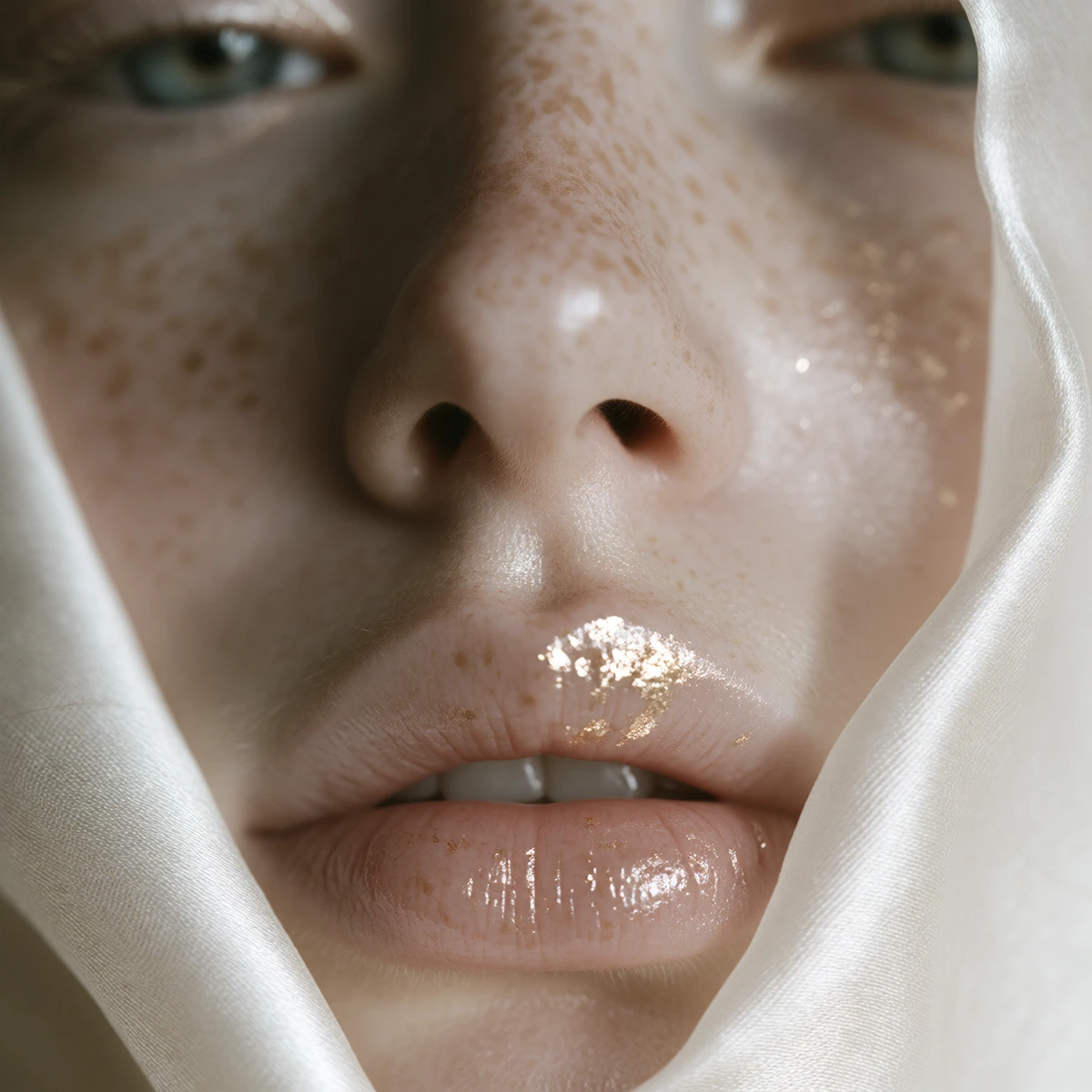 Color Palette: Analogous Cream, ivory, champagne An ultra-close beauty portrait focusing only on the bridge of a woman's nose, lips, and freckles. The skin resembles flawless porcelain while individual freckles shimmer like tiny flecks of gold leaf.