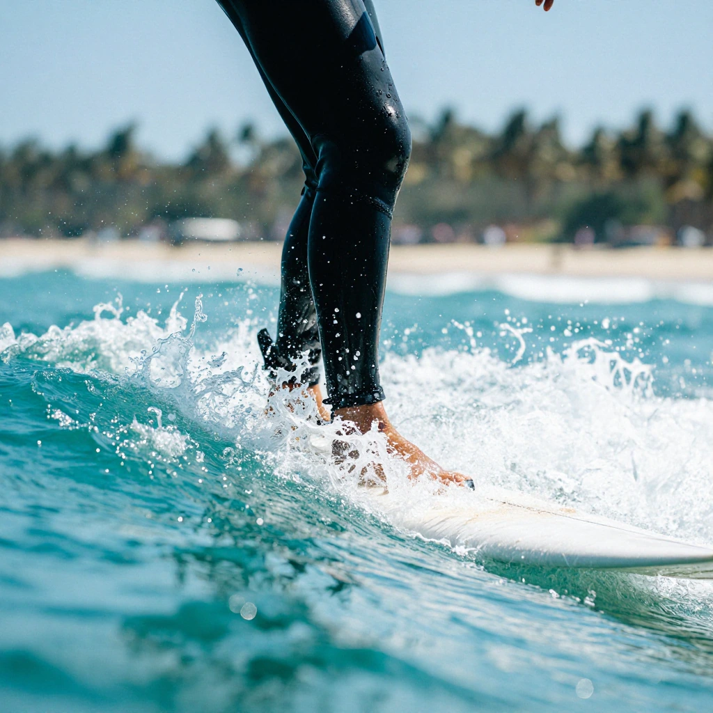 Close-up of a surfer's wetsuit-clad torso emerging from turquoise water mid-paddle, water droplets catching bright sunlight with palm trees lining the distant shore