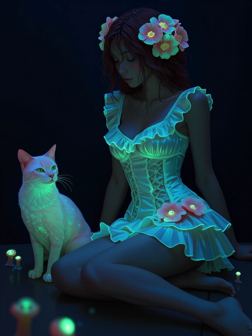 Woman in a frilly minidress and flowers . Cat nearby, All neon