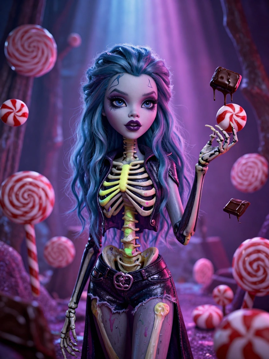 Beautiful skeleton woman, Monster High style, colorful, pastels, candy, chocolate, peppermint, candy everywhere, galaxy style