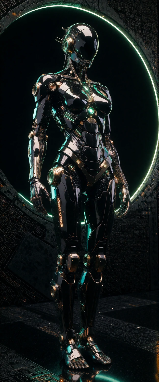 ​A single, solitary high-end female cyborg in a vertical 9:21 aspect ratio composition, captured in an awe-inspiring full-body wide shot, visible from head to toe. The image is rendered with microscopic, hyper-focused detail, ensuring she is the sole