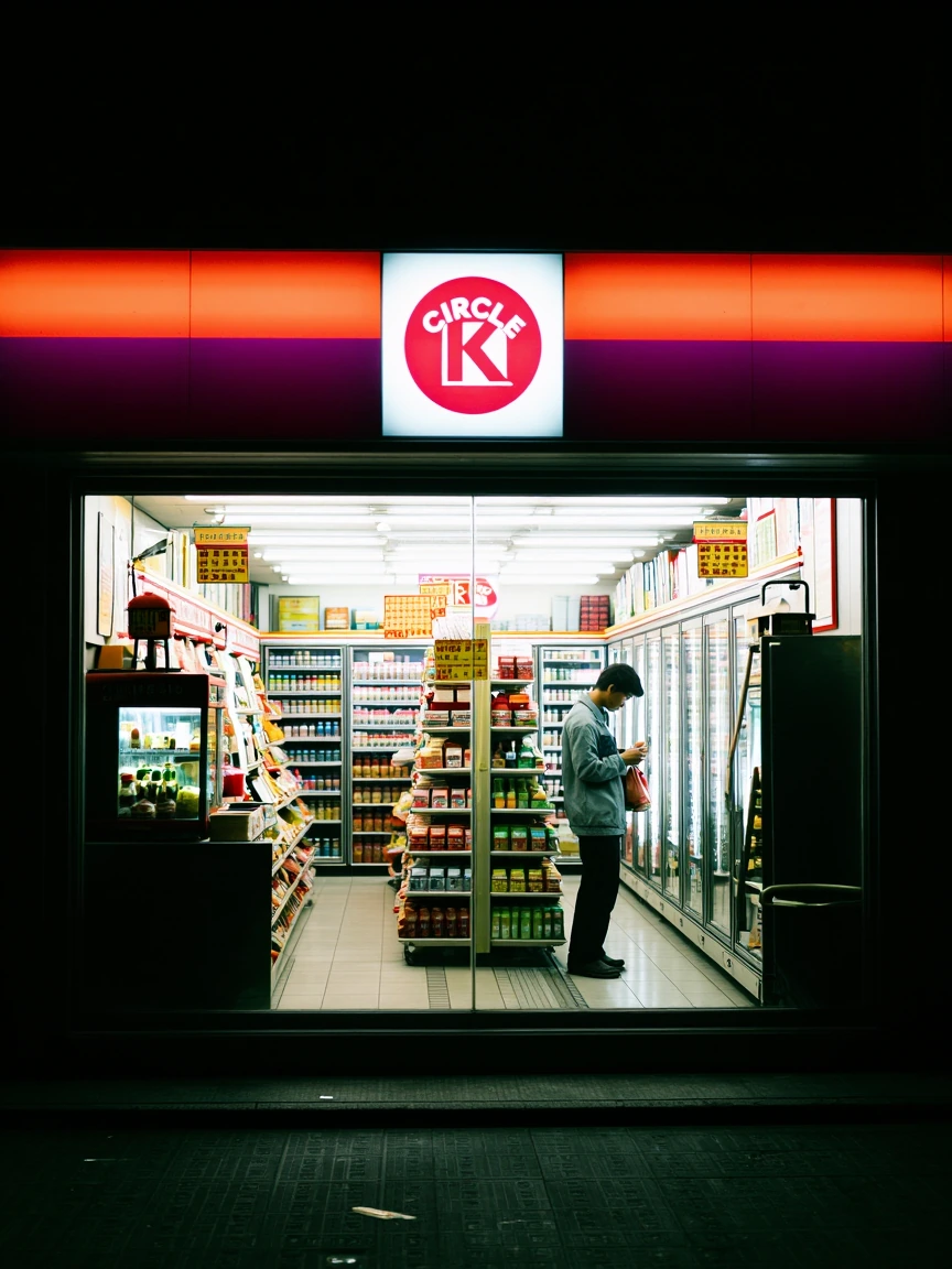 cinematic 35mm film still of a late-night Circle K convenience store exterior shot head-on from across the street in complete darkness, the illuminated fascia above the large plate glass window displaying bold horizontal bands of red, orange, and dee