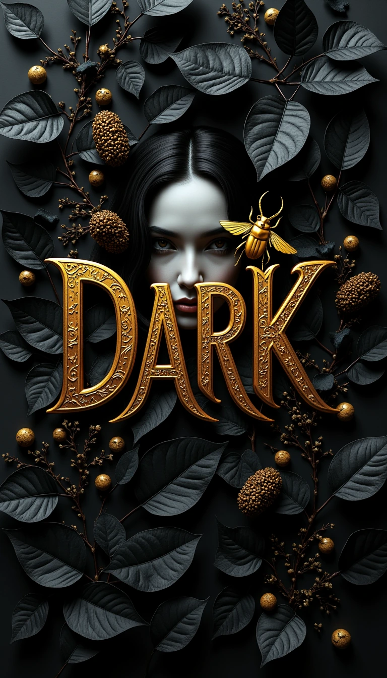 A dark, moody dark fantasy book cover style. The word 'DARK' is written in massive, ornate 3D golden gothic typography, heavily engraved with filigree. A glowing golden scarab beetle is perched on the letter 'A'. In the background, a pale, mysterious