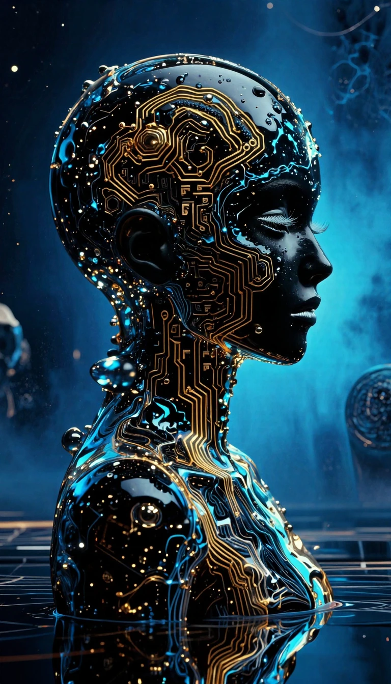Onyx Architect cybernetic entity, 50% polished black onyx with Vantablack absorption and mirror-finish specularity, 50% ethereal liquid-glitch matter, perfect black skin reflecting impossible cosmic environment, subsurface 24k gold filament circuitry